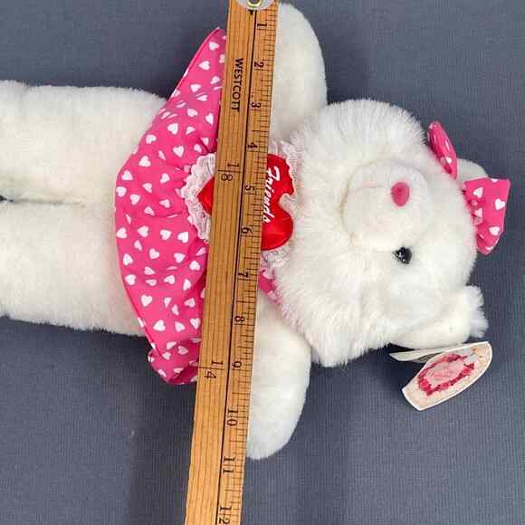 VTG Valentine Teddy Bear Plush Stuffed Animal White Pink Hearts Skirt 12" New - Picture 12 of 12